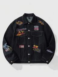 ROMWE MEN Street Life Men's Letter Pattern Button-Up Denim Jacket, Autumn