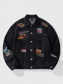 ROMWE MEN Prep 男士休闲字母图案纽扣牛仔夹克，秋季 - 黑色 - 查看 1