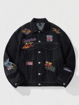 Street Life جاكيت جينز كاجوال للرجال مزينة بطباعة حرفية، موسم الخريف