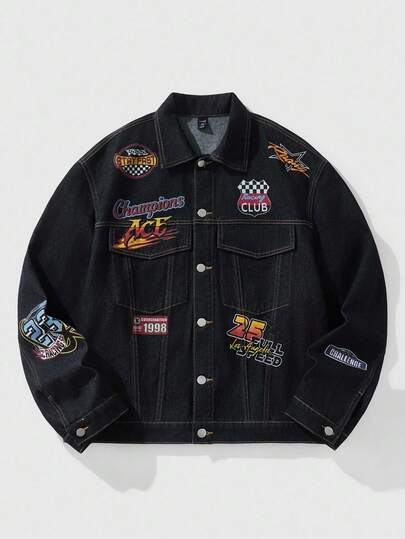 Street Life Men's Letter Pattern Button-Up Denim Jacket, Autumn