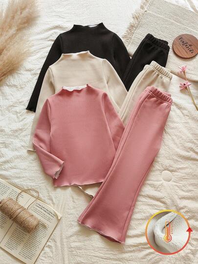 Vintaside Kids 6件套女童休闲纯色长袖加厚上衣和裤子套装，适合秋冬季、居家、旅行、日常穿着