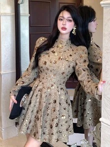 DAZY 女士时尚优雅亮片装饰中长连衣裙闪亮连衣裙波西米亚风度假装扮 - 金色 - 查看 8