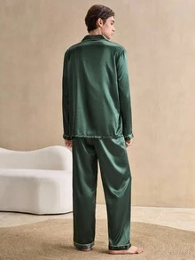 Conjunto de pijama de pantalón y top de manga larga con ribete de contraste para hombre, ropa de otoño e invierno - Verde - Ver 7