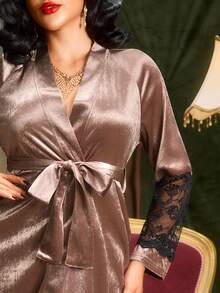 Velvet Contrast Lace Women's Long Sleeve Belted Robe, For Fall - Brown - View 4