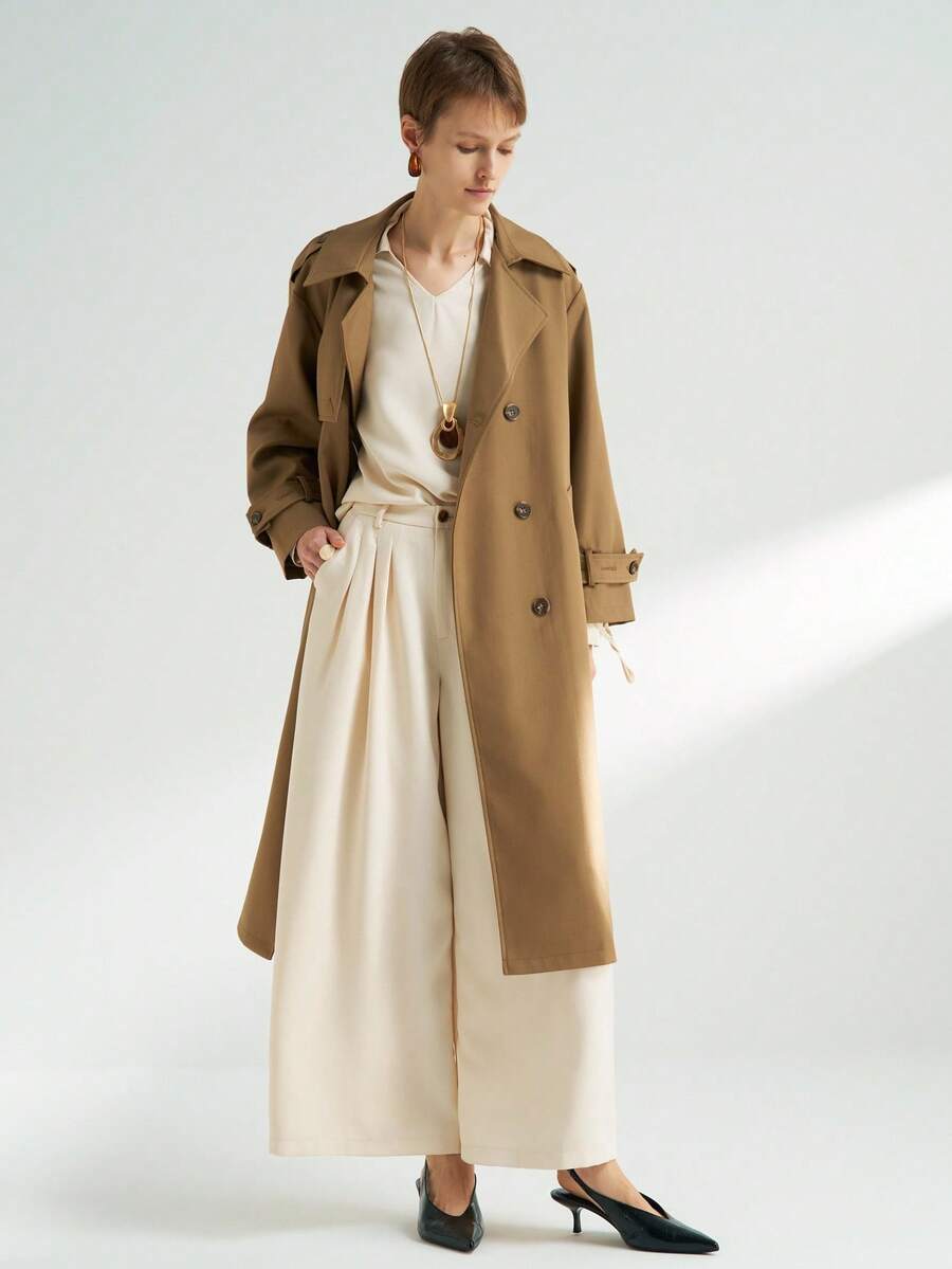 INAWLY Women's Casual Commuter Solid Color Shirt And Pants 2 Pieces Set - Apricot - View 1