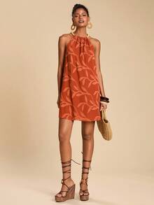 Travachic 女式夏季休闲度假风格提花串珠吊带宽松短款连衣裙 - 橘色 - 查看 4