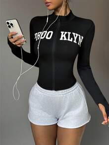 Dewbera 女士舒适修身户外跑步健身瑜伽字母印花长袖运动夹克 - 黑色 - 查看 5