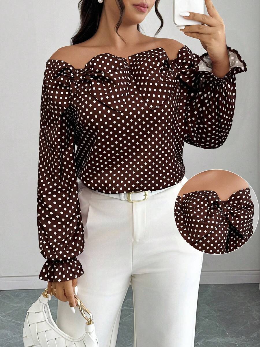 Elenzga Off Shoulder Ruffle Sleeve Floral Decor Polka Dot Print Blouse - Coffee Brown - View 1