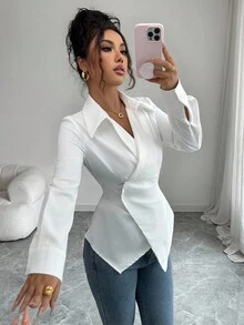 Elenzga Blouse à manches longues ajustée, asymétrique et froncée, de couleur unie, pour femmes - Blanc - Voir 7