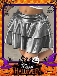 Coolane 少女粉色和紫色闪亮抽绳腰部褶边及膝半身裙，休闲街头风格 - 灰色 - 查看 2