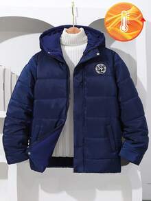 1pc Quilted Hooded Jacket With Embroidered Letter Graphic For Teenage Boys