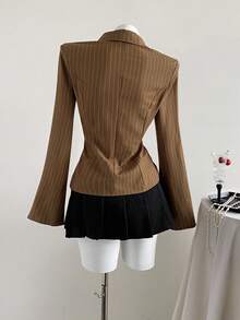 SHEIN PETITE قميص مخطط بأكمام واسعة وخصر ضيق وقصة نحيفة، طراز أنيق للنساء القصيرات، مناسب للارتداء اليومي في فصل الخريف - بني - مشاهدة 2