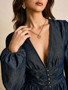 Poéselle Vestido jeans longo extra longo com manga lanterna retrô feminino, vestido ocidental, vestido longo de manga comprida para mulheres, vestido longo jeans para mulheres, vestido jeans de manga comprida para mulheres, vestido longo casual para mulheres - Lavagem escura - Ver 5