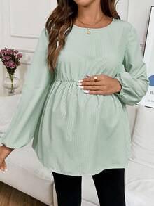SHEIN 孕妇条纹圆领灯笼袖宽松罩衫 - 綠色 - 查看 7