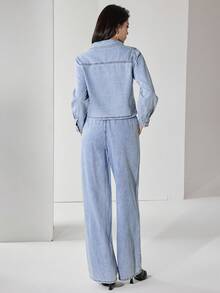 Heiryn Bộ quần jeans và áo sơ mi denim cài nút màu xanh nhạt giản dị mùa hè dành cho nữ - Màu xanh lam - Xem 2