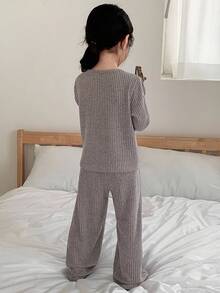 DAZY 少女 V 领罗纹针织长袖上衣和裤子宽松睡衣套装，秋季/春季 - 灰色 - 查看 4