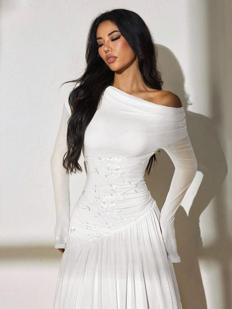 SHEIN PETITE New Style One-Shoulder Long-Sleeved Contrasting Mesh Embroidery Asymmetrical Hem Splicing Super Long High Elastic Slim Dress Elegant And Romantic,Wedding Guest Dress Women White Elegant Dresses White Engagement Dress White Church Dress White Dress With Sleeves White Formal Evening Gown,Dresses For Women Elegant,New Year Dress ,Elegant Party Dresses - White - View 7