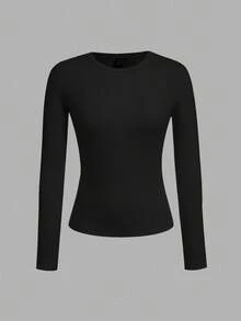 SHEIN EZwear 3 chiếc áo phông dài tay cổ tròn màu đen cỡ lớn cho nữ - màu đen - Xem 5