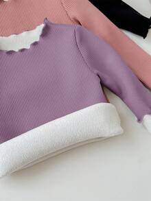 SHEIN LMoss Kids 3 قطع/مجموعة بلوزات بناتية صغيرة ذات لون واحد مع حافة مكسرة، أكمام طويلة، مبطنة حرارياً، للخريف والشتاء - متعدد الألوان - مشاهدة 6