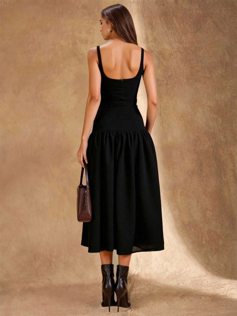 SHEIN Glamour Váy suông cổ vuông ôm sát viền phồng màu trơn thời trang nữ, mùa tựu trường, mùa thu - màu đen - Xem 1