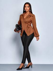 SOLERSUN Elegante, sexy, einfache Bluse für Pendler, Herbst- und Wintermode für Frauen, Tops für Lehrerin, Ausgehen, Herbst, Winter, Halloween-Kostüme, Weihnachten, Neujahr - Rostbraun - Übersicht 1