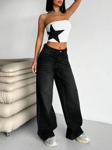 EURMUSE WOMEN WIDE LE LOOSE DENIM JEANS - Black - View 4