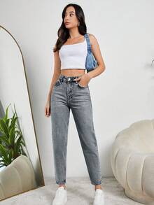 SHEIN Tall 妈妈装高腰浅蓝色牛仔裤 - 灰色 - 查看 4