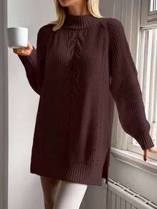EURMUSE Cable Pattern Mock Neck Raglan Sleeves Mini Sweater Dress - Brown - View 5