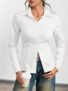 SHEIN Tall Damen Lässig Pendler Gestreiftes Langarm-Hemd - Weiss - Übersicht 4