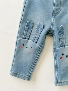 Cozy Pixies Baby Girl Cartoon Rabbit Pattern Elastic Waist Thermal Lined Denim Pants, Versatile & Comfortable - Blue - View 6