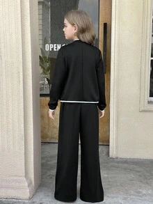 SHEIN 青少年女孩两件套休闲撞色饰边黑色夹克和裤子套装，秋冬套装休闲套装，返校装，优雅装 - 黑色 - 查看 2