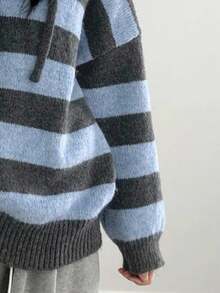 DAZY 女式复古条纹连帽毛衣，宽松设计厚实柔软套头衫，秋冬