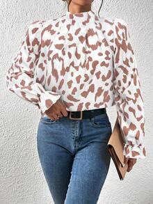 SHEIN Frenchy Áo sơ mi dài tay cổ xếp ly họa tiết da báo thanh lịch - Hồng - Xem 6