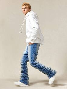 ROMWE MEN Street Life Men's Casual Washed Ruched Denim Jeans - Baby Blue - View 6