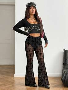 StreetHx 女式街头风弹力网眼透视紧身裤，暗黑朋克风格黑色喇叭裤，秋冬 - 黑色 - 查看 3