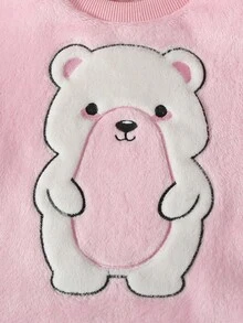 Genkimix Kids 2pcs/Set Young Girl' Pink Reversible Flannel Long Sleeve Top And Pants Pajama Set With Cartoon Bear Pattern Pajamas For Kids Plushy Teddy Bear Pajama Set Pajama Sets For Girls Bear Pajamas Cartoon Pajamas - Pink - View 3