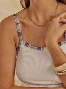 Aralina Fall / Winter Ribbed Fitted Singlet Tank Top With Contrast Plaid Print Binding And Straps Perfect Elevated Basic Tank Top And Going Out Top - White - View 8