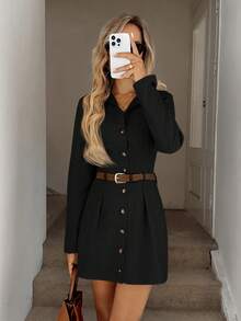 Easowa Button Front Long Sleeve Casual Loose Commuter Vintage Style Women Short Dress Button Up Shirt Dress Fall Dress Women Shirt Dress Long Sleeve Black Dress Casual Black Dress,Dresses For Women Elegant