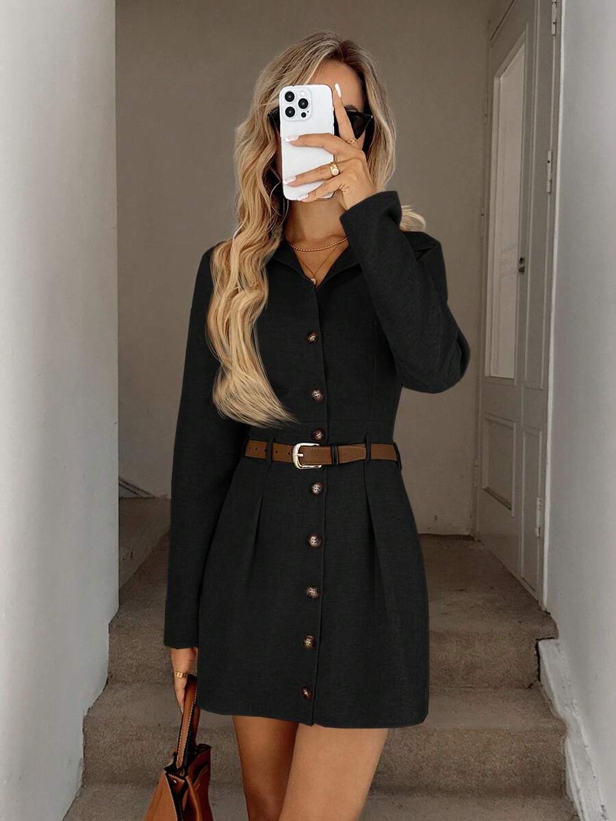 Easowa Button Front Long Sleeve Casual Loose Commuter Vintage Style Women Short Dress Button Up Shirt Dress Fall Dress Women Shirt Dress Long Sleeve Black Dress Casual Black Dress,Dresses For Women Elegant