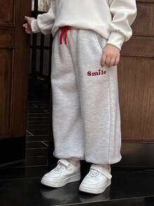 女童休闲英文标语刺绣羊毛宽松抽绳裤，适合秋季日常穿着和运动 - 淺灰色 - 查看 7