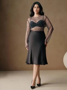 Áo lưới trong suốt Anewsta tay dài đính ngọc trai giả kim cương cỡ lớn dành cho nữ mùa xuân - Màu xanh hải quân - Xem 5