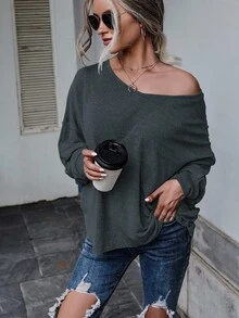 SHEIN LUNE Women's Solid Color Bat Wing Backless Tie Long Sleeve Loose T-Shirt - Grey - View 4