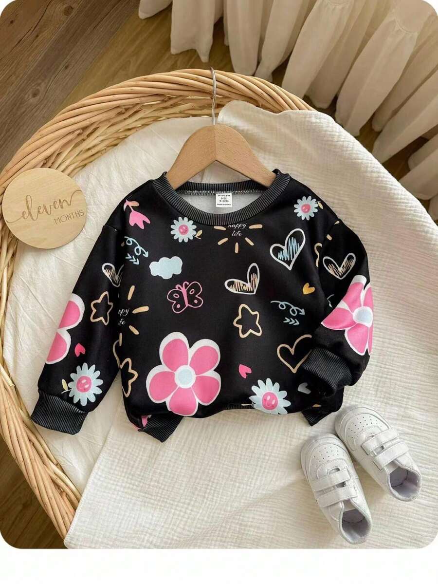 Babygirl Loose Casual Crew Neck Cartoon Graphic Soft Minimalist Pullover Sweatshirt Fall Winter - Black - View 1