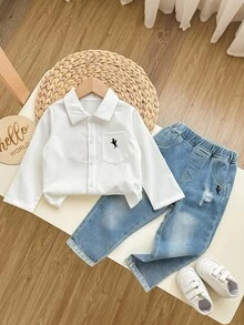 2 件套男婴骑士印花口袋长袖衬衫和牛仔裤休闲装，秋冬 - 米色 - 查看 4