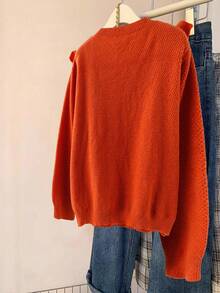 SHEIN Clasi Plus Size Women Solid Color Long Sleeve Loose Ruffled Hem Pullover Sweater, Autumn/Winter - Orange - View 2