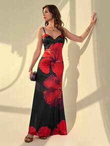 SHEIN Tall Váy ôm sát bodycon họa tiết hoa gợi cảm, dây buộc mảnh dành cho nữ, váy maxi họa tiết hoa Hawaii cho bãi biển, kỳ nghỉ, tiệc tùng, buổi hẹn hò thanh lịch, kỳ nghỉ xuân, trang phục bohemian, váy ôm sát - màu đen - Xem 4