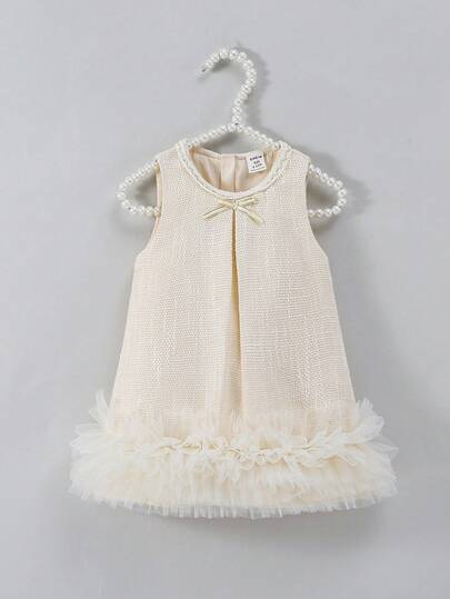 SHEIN Elladie kids Baby Girl Elegant Bowknot 3D Floral Trim Sleeveless Dress, Suitable For Wedding, Party, Birthday, Vacation, Photo Shoot, Summer