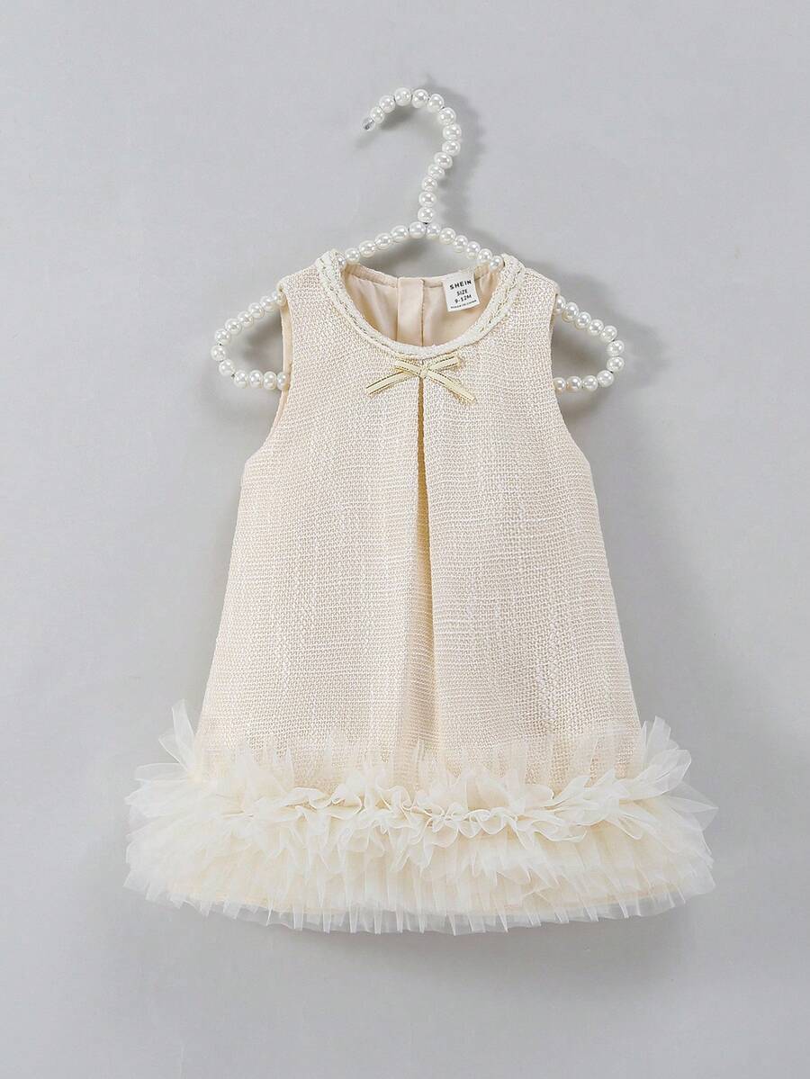 SHEIN Elladie kids 女婴优雅蝴蝶结 3D 花卉装饰无袖连衣裙，适合婚礼、派对、生日、度假、拍照、夏季 - 杏色 - 查看 1