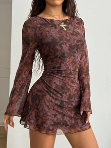 StreetHx Retro American Tie-Dye Wasteland Print Flare Sleeve A-Line Mesh Short Dress, Autumn/Winter - Brown - View 6