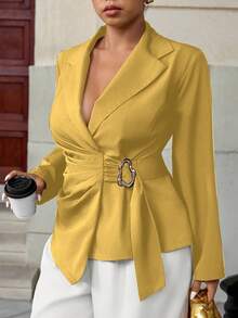 Elenzga Fashionable Casual Waist-Cinched Elegant Commuter Asymmetric Golden Button Blazer